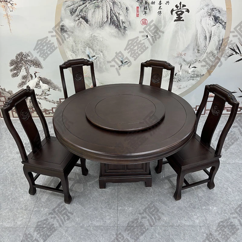 全实木中式雕花平面圆形带装盘餐桌椅组合家用会所餐厅用餐桌椅