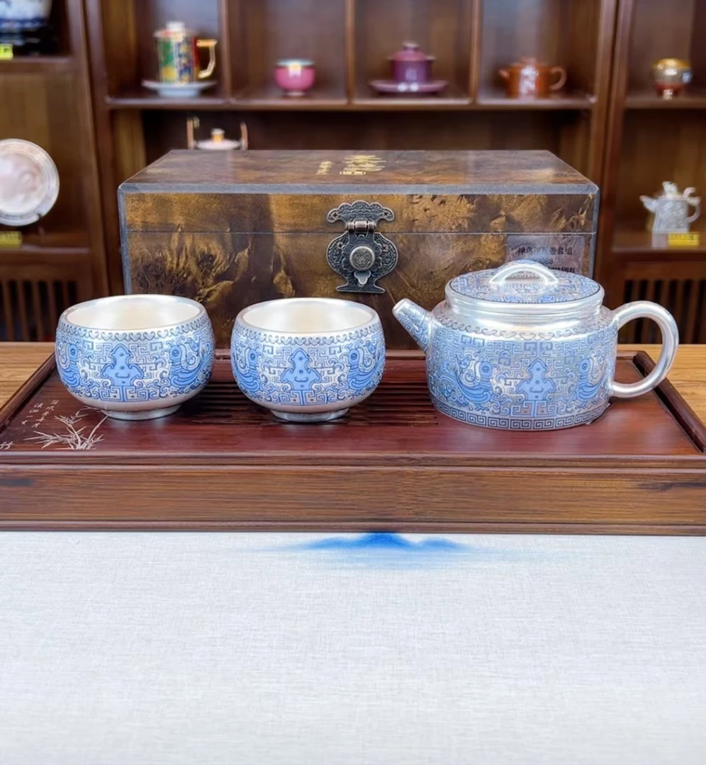 周鸿杰老师神鸟纹陶瓷汉瓦壶功夫茶具一壶两杯+竹子窗花茶盘W747
