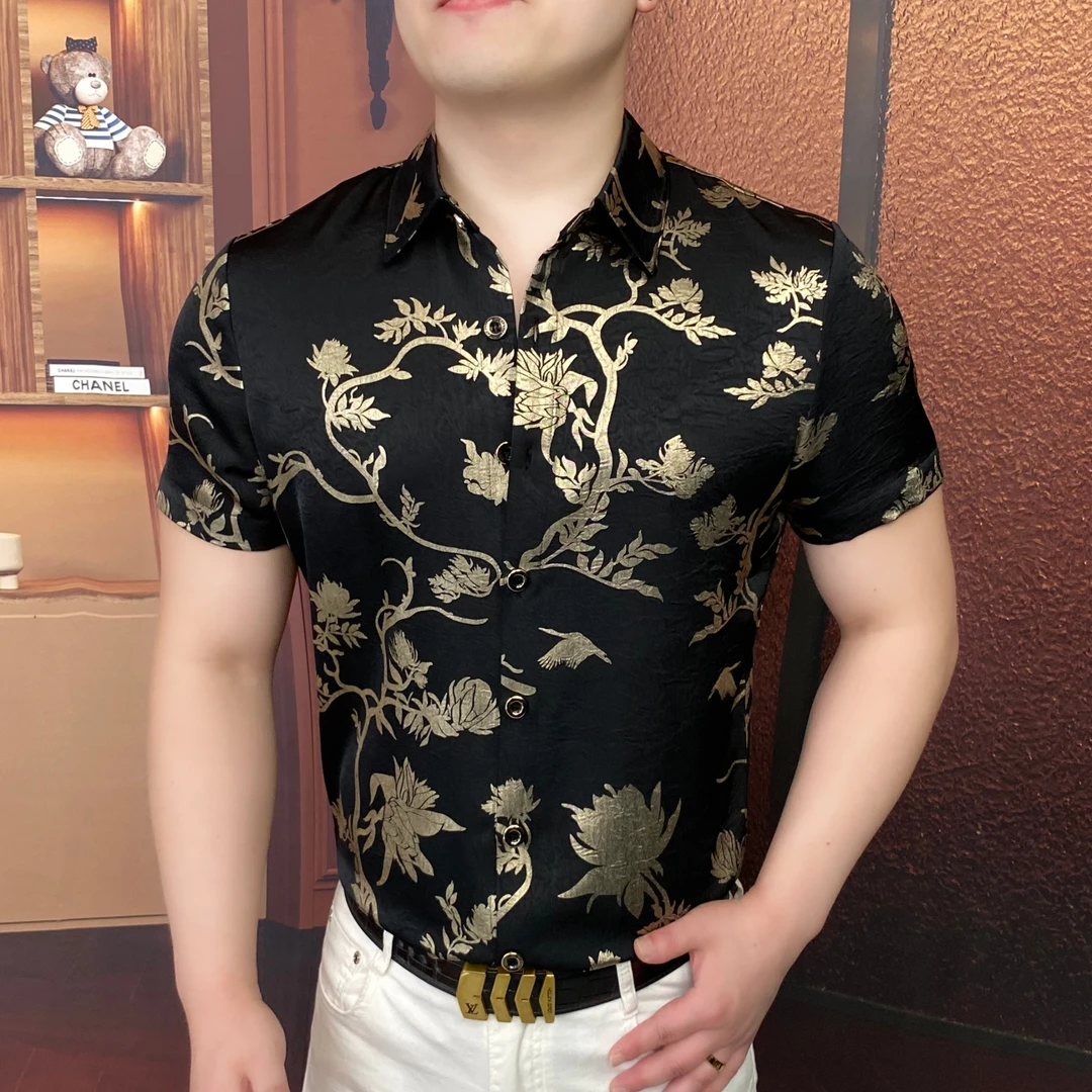 《金色芳花》2025夏衬衫个性男士修身翻领帅气商务休闲百搭潮流时尚