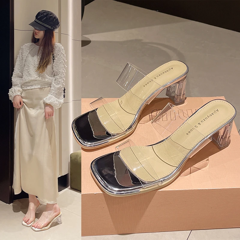 水晶拖鞋女2025夏季新款外穿法式粗跟百搭一字带仙女透明高跟凉鞋