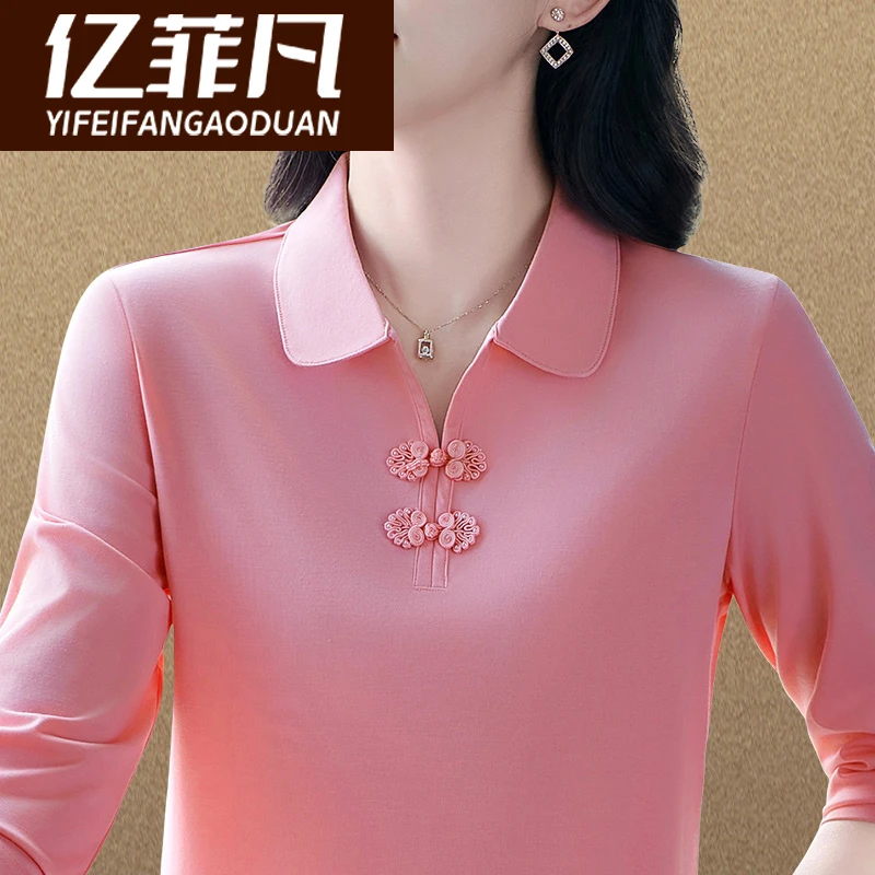 新中式国风长袖t恤女春秋减龄妈妈运动POLO衫休闲宽松翻领上衣薄