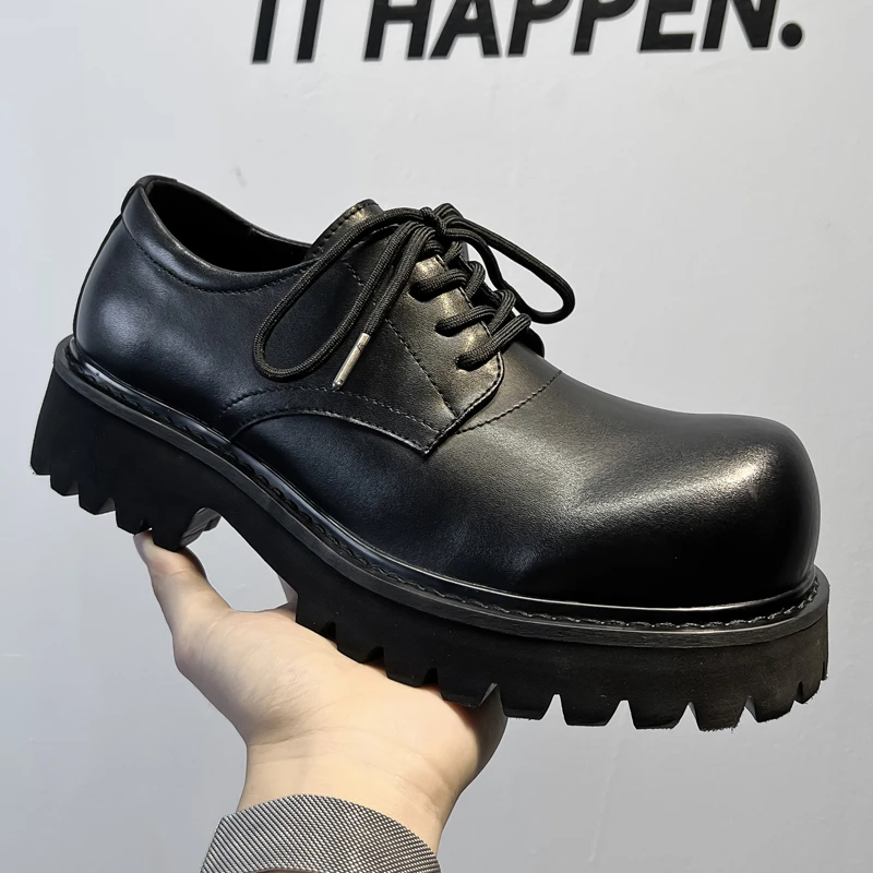 AG德比厚底皮鞋男士商务休闲增高大头皮鞋 通勤圆头秋冬英伦风