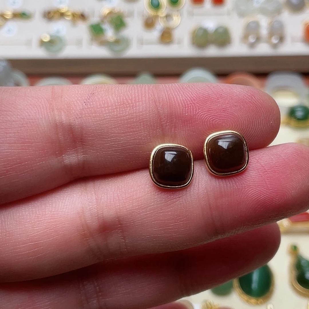 和田玉耳钉银S925镶嵌