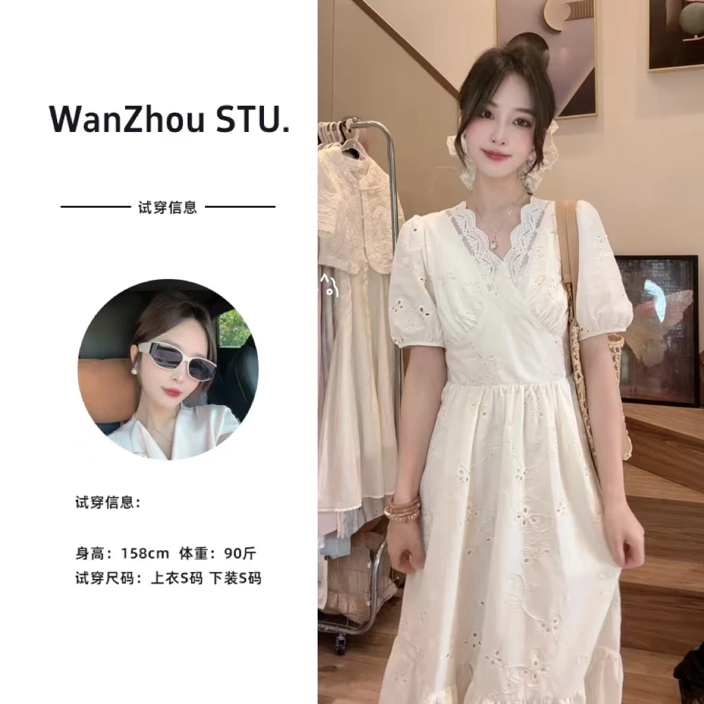 【晚舟】V领连衣裙女甜美绣花裙子2025夏装新款仙女裙