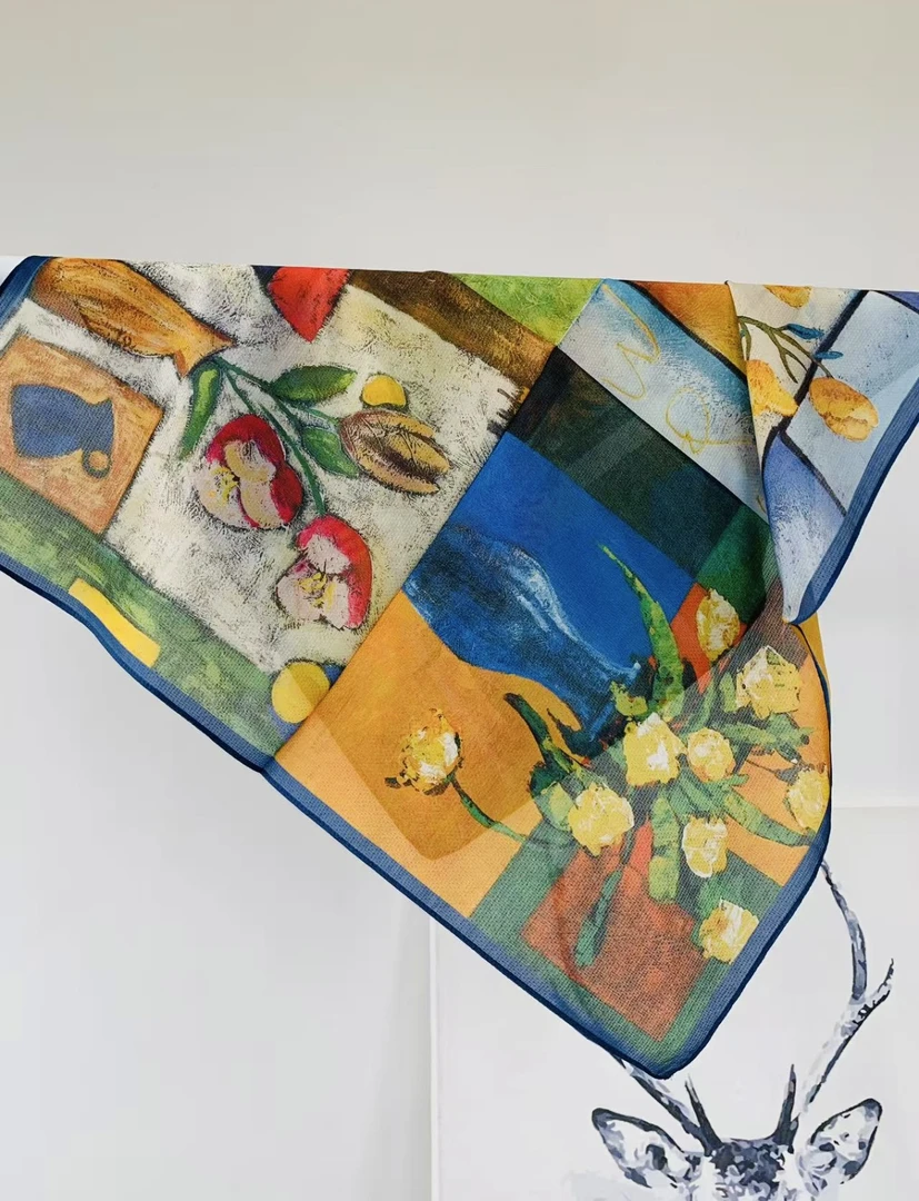 《比利时》30%桑蚕丝70%有机棉提花方巾65*65油画风格