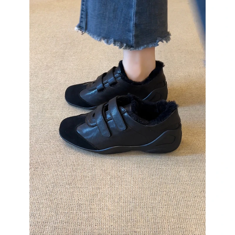 nnmiss/3cm休闲复古圆头魔术贴德训鞋百搭通勤厚底保暖羊羔毛单鞋