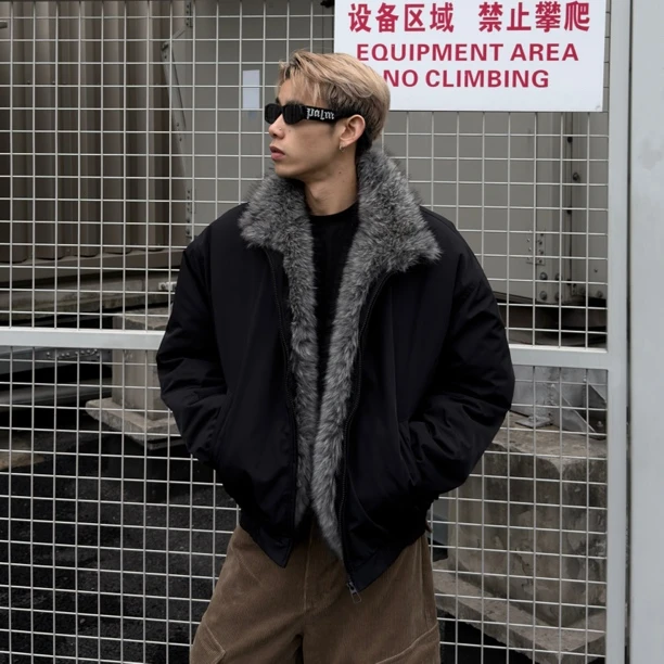冬季内里毛绒大毛领狼王座山雕夹克棉服男女加厚外套