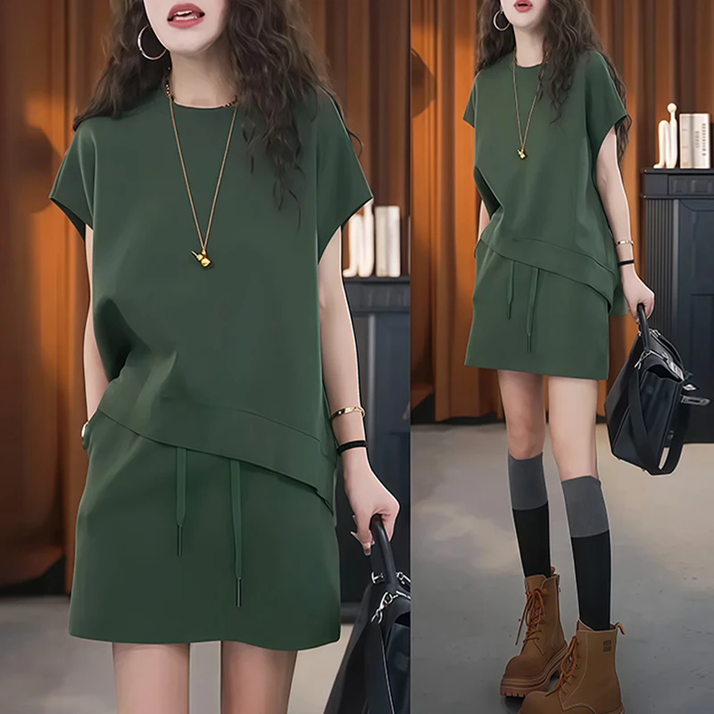 高含棉韩版休闲运动套装女时尚t恤2025年夏季新款宽松短裙两件套