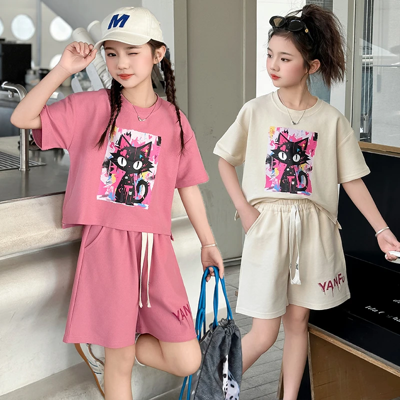 女童夏季套头T恤休闲短裤套装宽松小猫运动中大童时尚韩版两件套