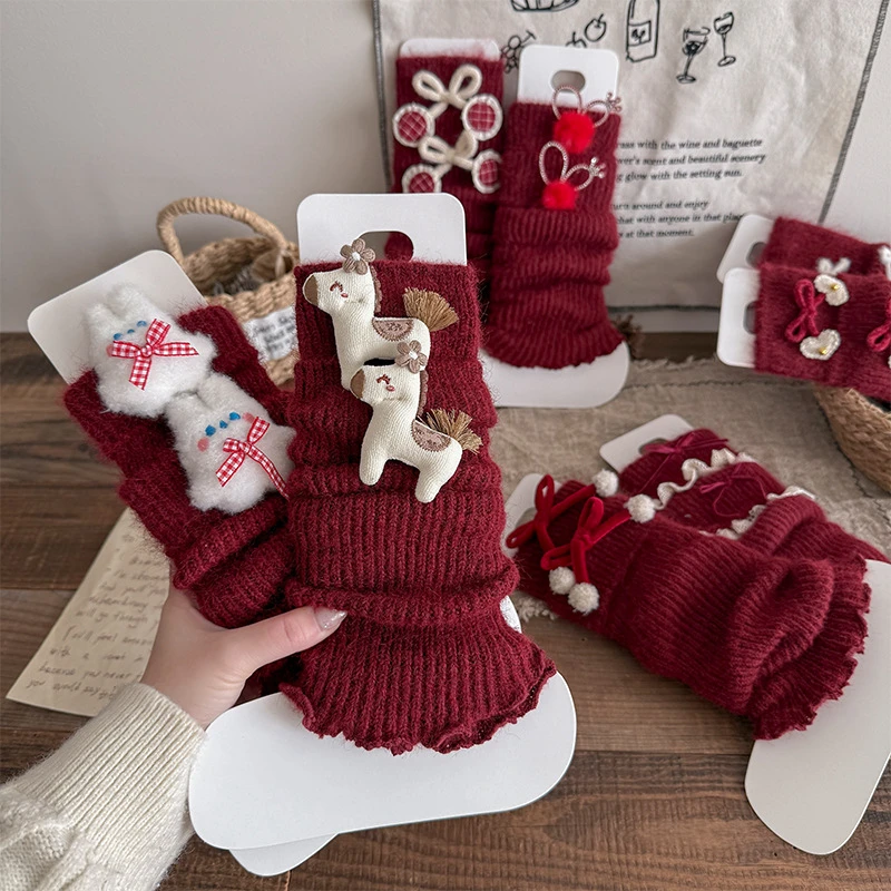 女童袜套冬天宝宝袜子秋冬红色针织堆堆袜套儿童保暖小腿袜
