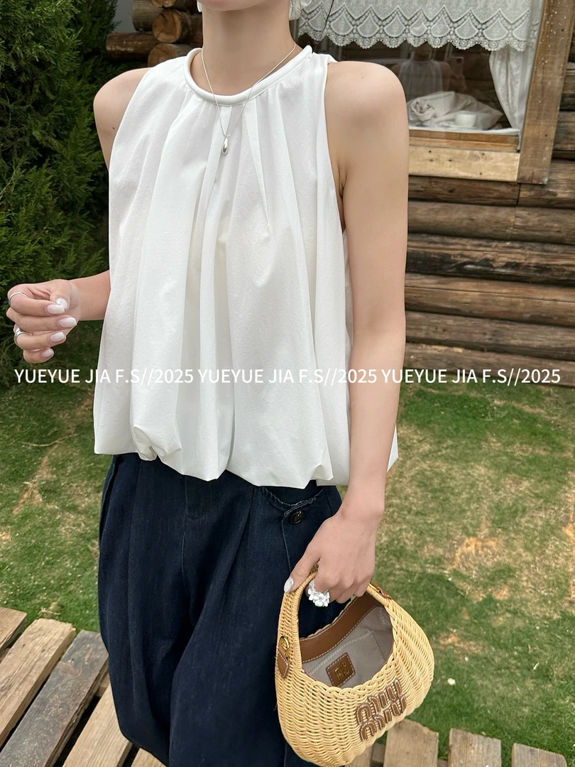 韩系夏季挂脖式背心上衣女白色通勤休闲宽松简约时尚气质无袖韩版
