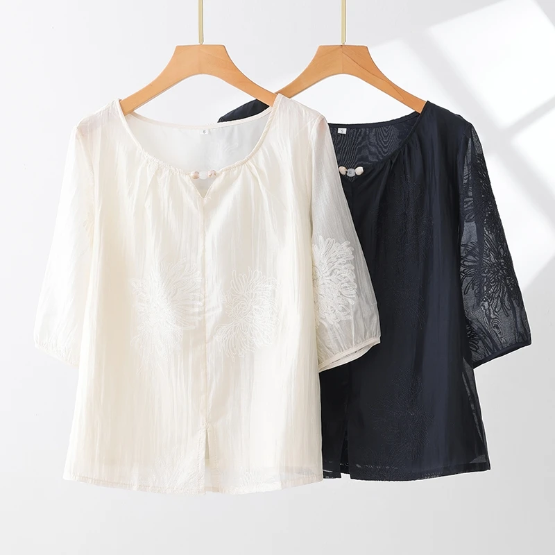 2025新款刺绣夏季五分袖轻熟风纯棉衬衫休闲中国风刺绣新中式