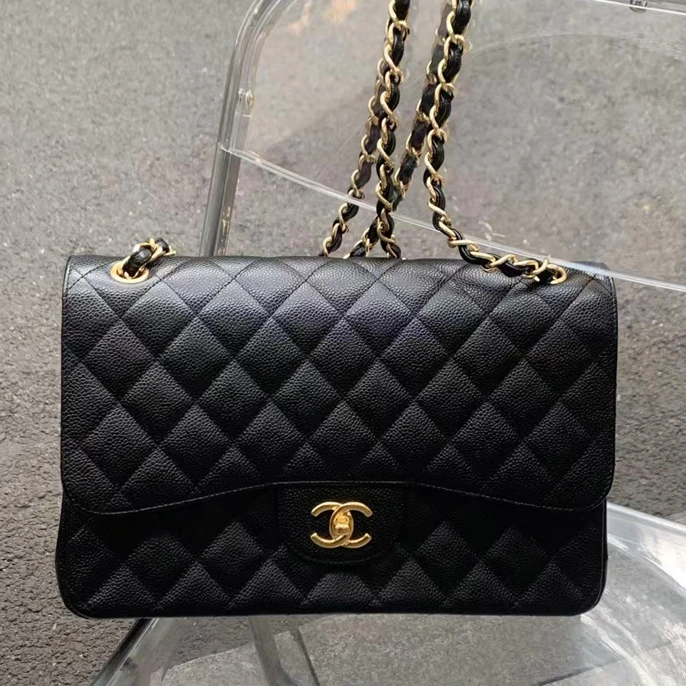 99新 Chanel/香奈儿 黑金荔枝牛皮CF jumbo链条包