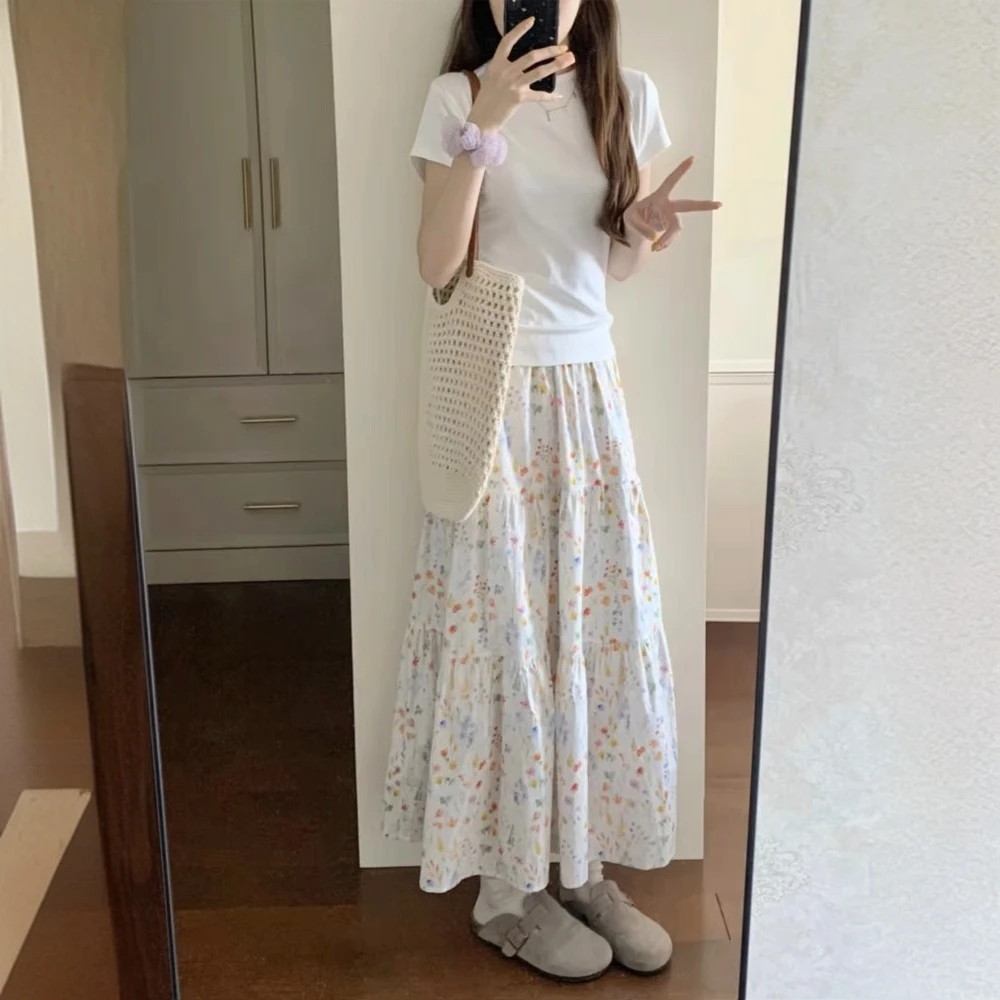 法式浪漫碎花半身裙夏新款高腰遮胯显瘦拼接a字中长款雪纺蛋糕裙