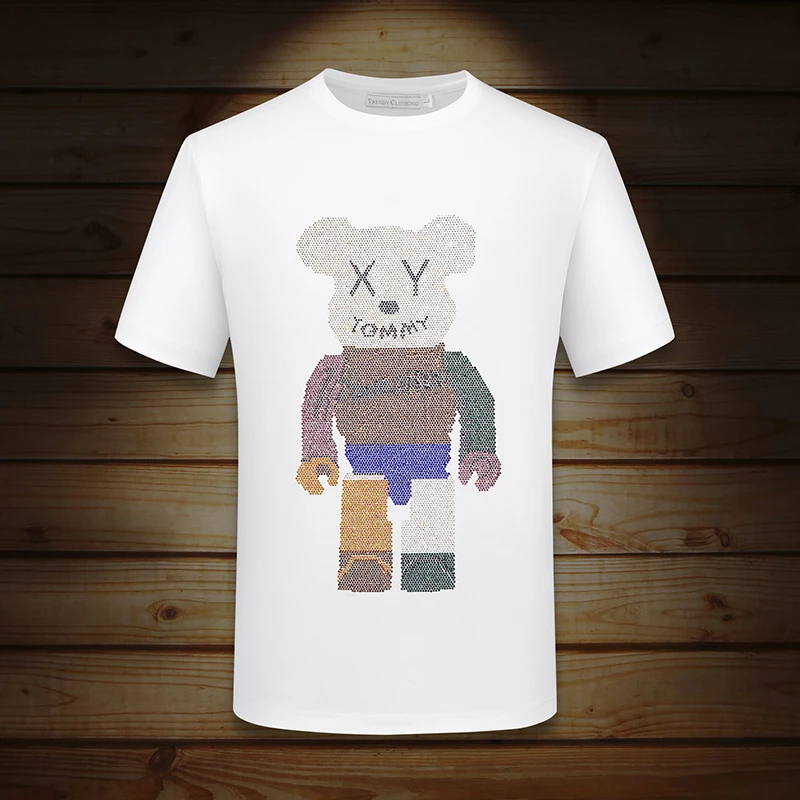 景君澜男士短袖t恤烫钻小熊夏季男装新款上衣服重磅半袖男大码