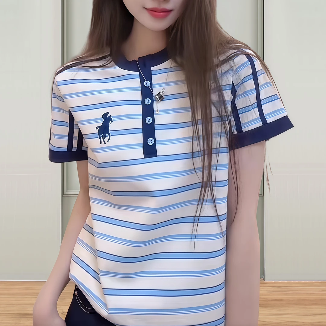 纯棉独特漂亮款小马刺绣撞色条纹短袖T恤女夏新款正肩洋气休闲装