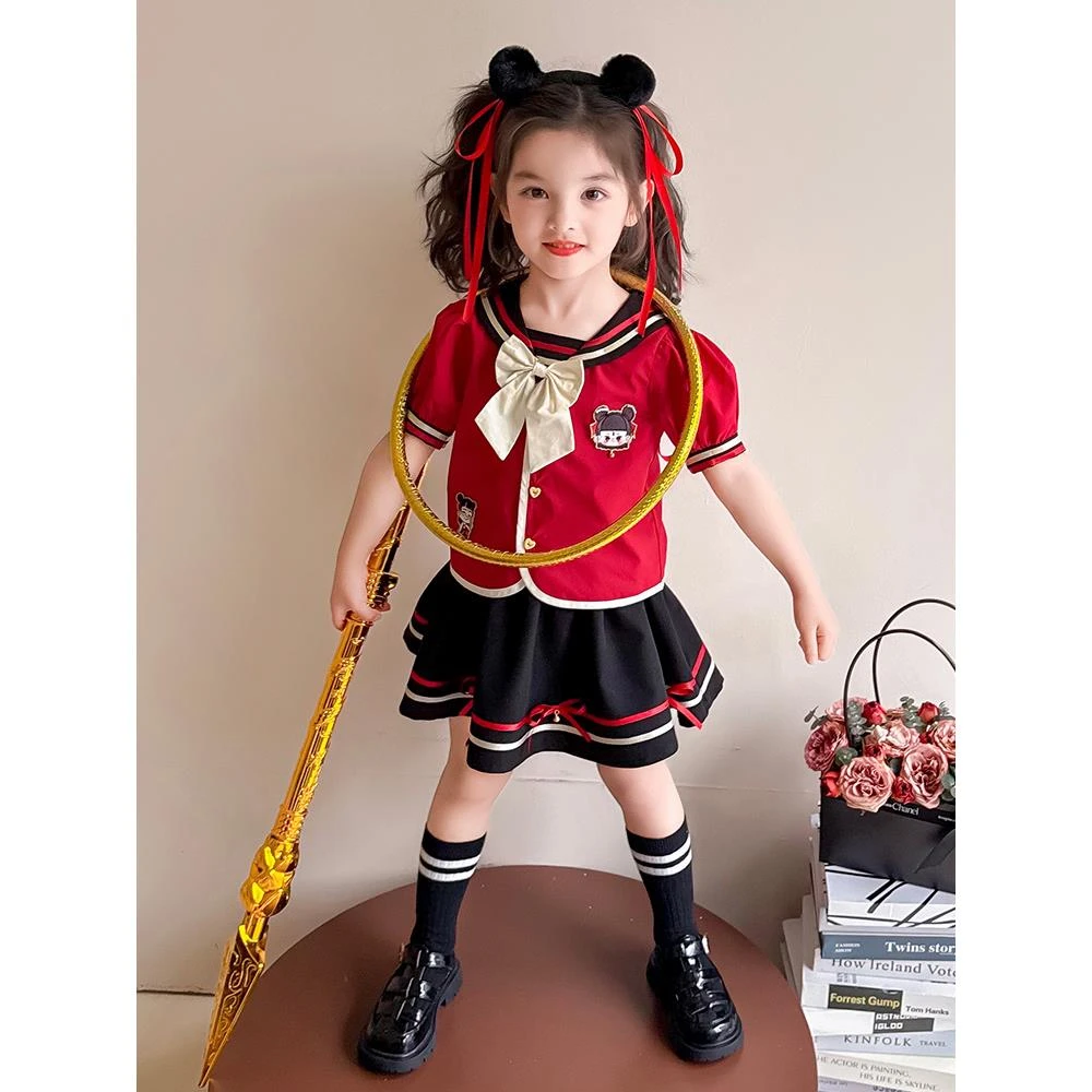 女童连衣裙夏装2025新款洋气儿童学院风套装小女孩红色短袖jk裙子