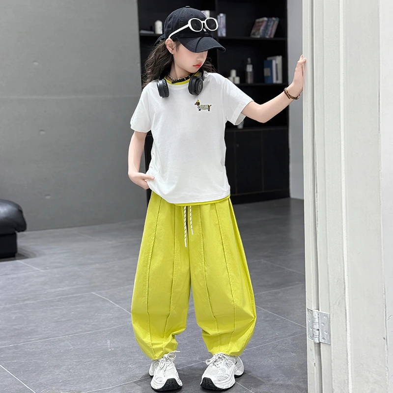 女童套装夏装2025新款洋气儿童短袖韩版灯笼裤两件套时髦中大童潮