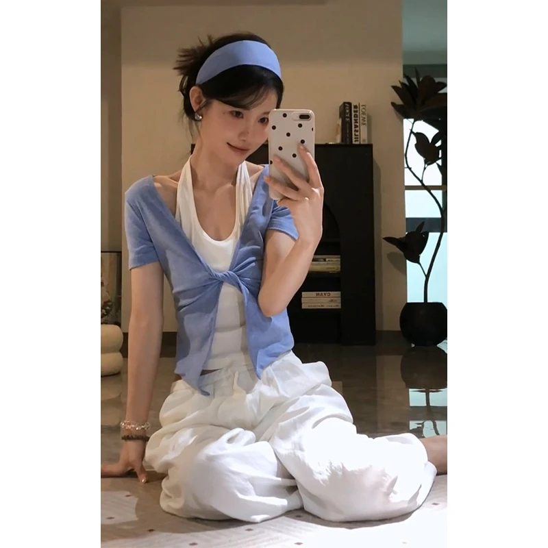 2025夏季新款女韩系穿搭假两件挂脖短袖上衣气质高腰显瘦阔腿长裤