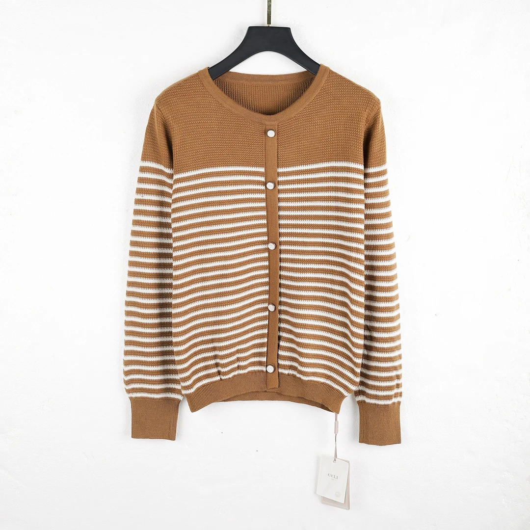 【春季上新】C7467驼色高端轻奢韩系设计感圆领撞色条纹百搭针织衫