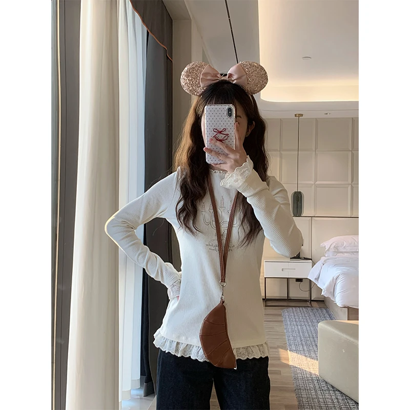 【咩咩专属】OKJJ白色长袖t恤女2025春季蕾丝印花百搭圆领打底衫