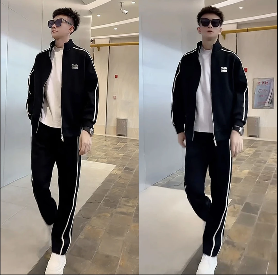 2025秋季新款休闲套装男士高级感显瘦拼接立领外套直筒长裤两件套