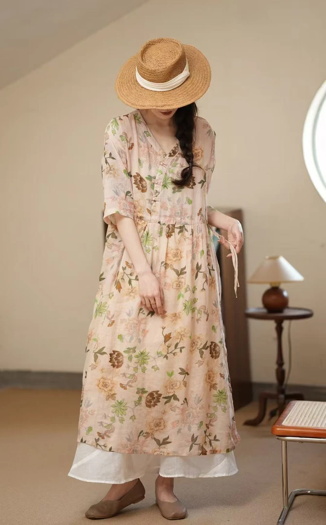 （有内衬）文艺复古V领斜襟数码印花苎麻短袖连衣裙女长裙SG 8836