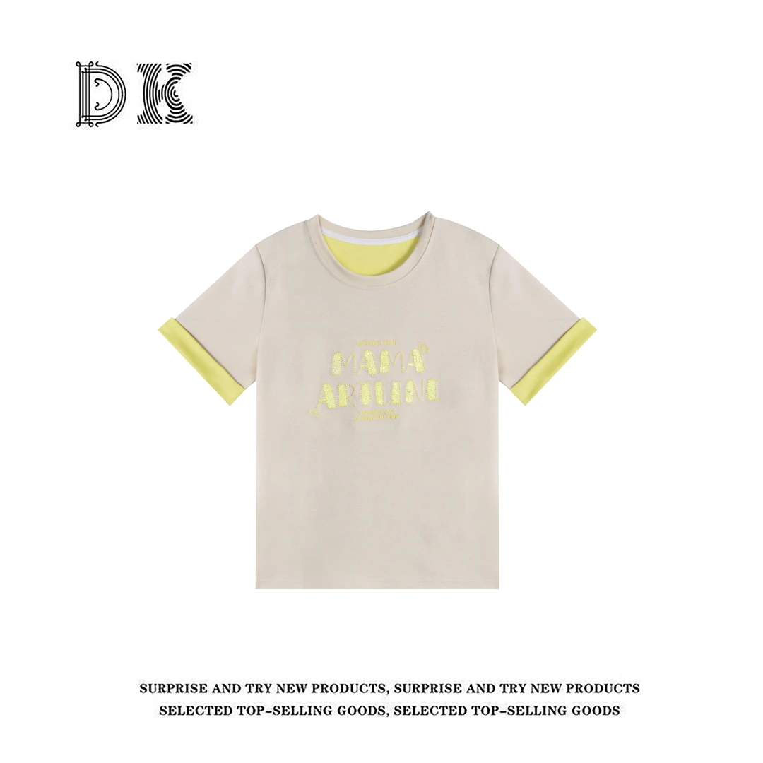 『心动暖暖』2025年夏季新款撞色百搭字母圆领拼接T恤【DK】