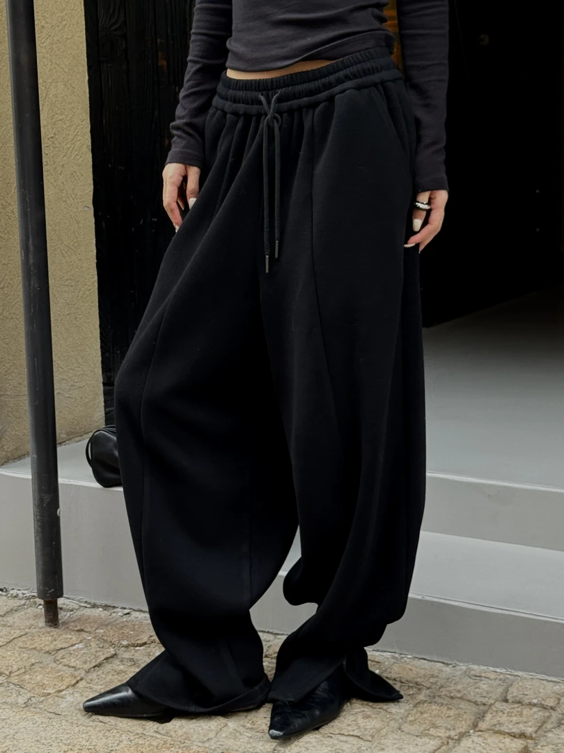 秋冬加绒弯刀阔腿卫裤女款显瘦舒适高腰宽松运动裤