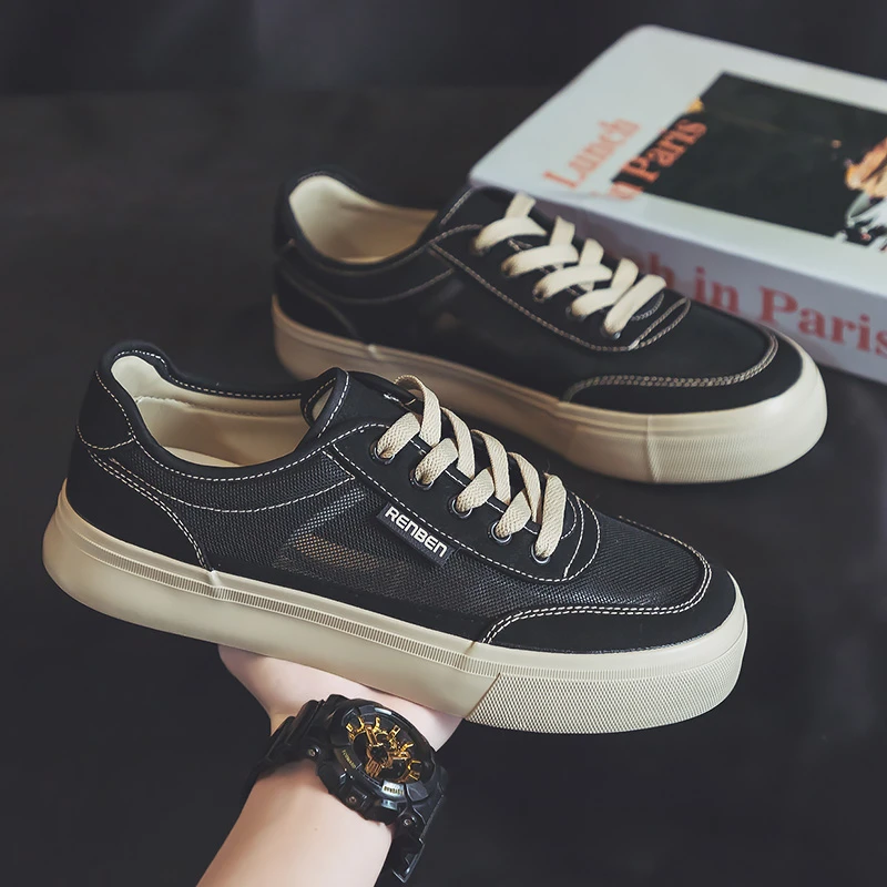 人本男士镂空网面帆布鞋夏季薄款透气运动板鞋休闲百搭低帮男网鞋