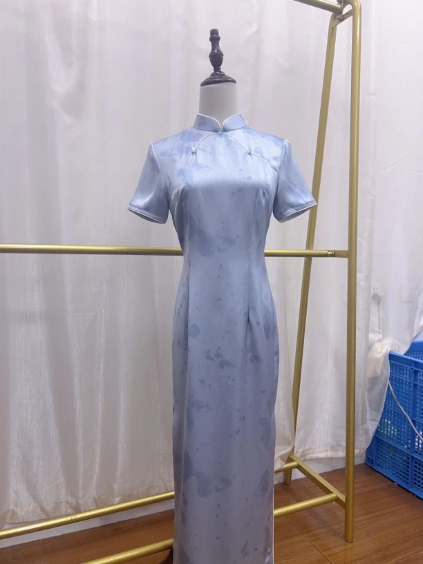 V-3033 清冷蓝 簇酸手抓花 新中式 夏款年轻款改良旗袍120cm长款