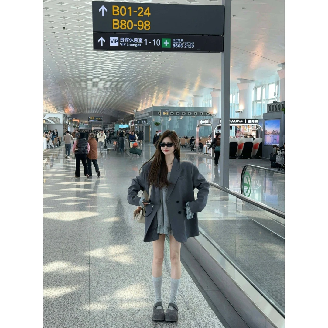 米娜家【私服自留】气质款时尚炸街宽松灰色西装外套