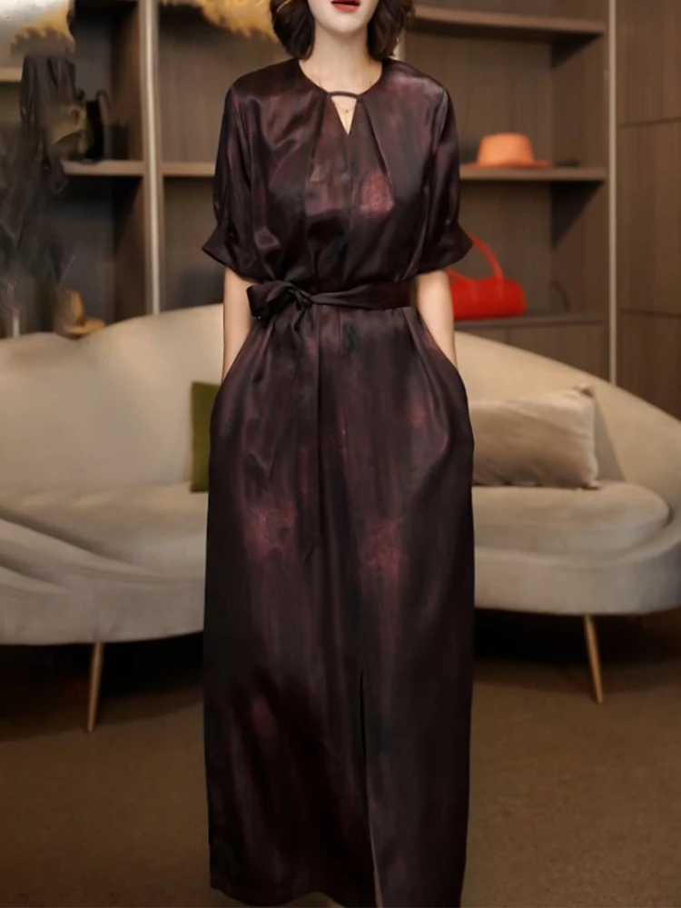 端庄优雅贵气轻奢连衣裙女2025夏季新款洋气绑带设计显瘦中长裙