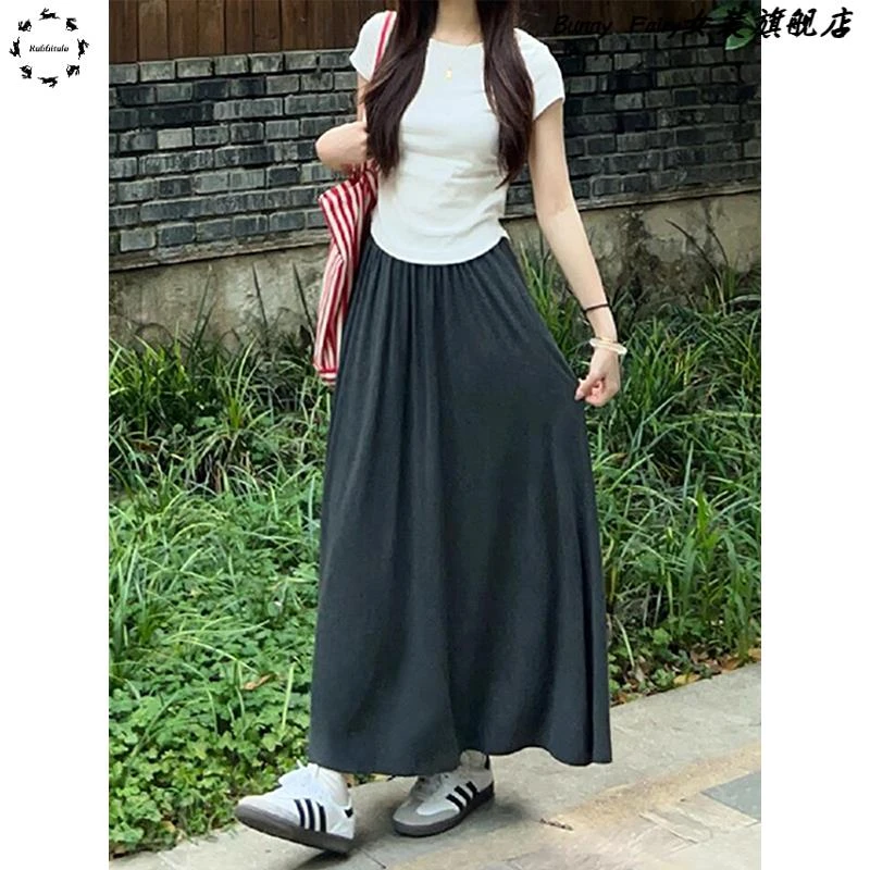 深灰色休闲半身裙女夏季新款胖妹妹mm高腰显瘦中长款a字半身裙子