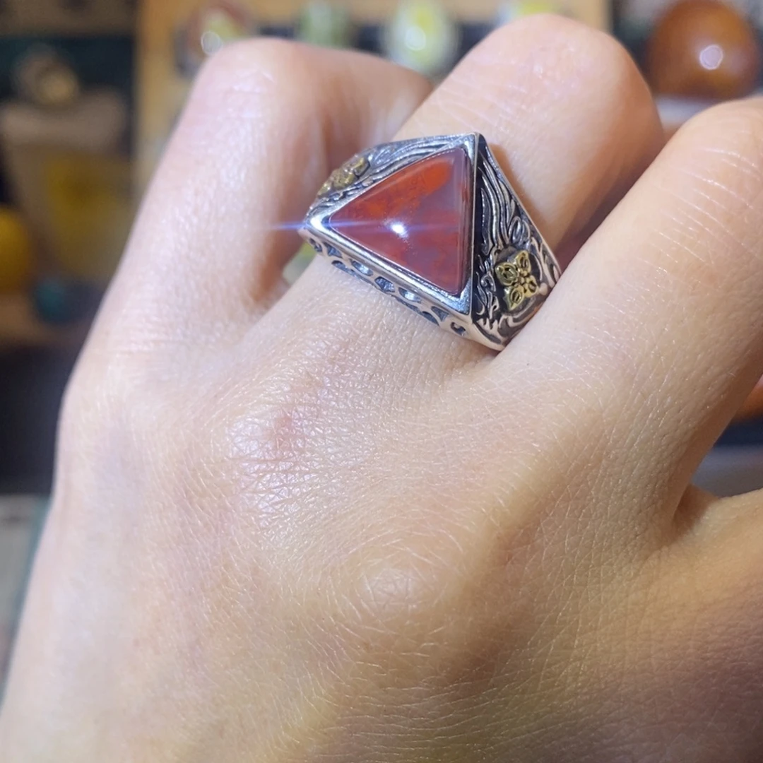 南红玛瑙银S925镀金镶嵌戒指