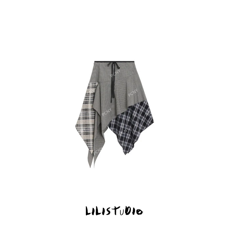 PCNY「文艺序曲」不理理冬季新款女装时尚设计感格纹拼接半身裙