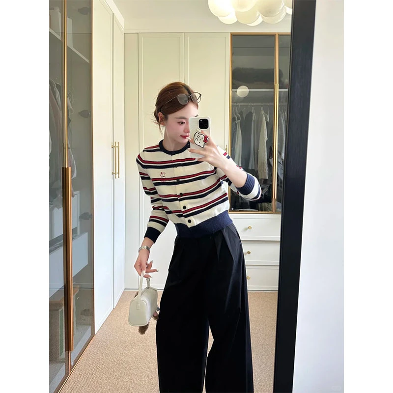 复古条纹长袖针织开衫休闲裤套装女秋冬学院风薄款毛衣外套两件套