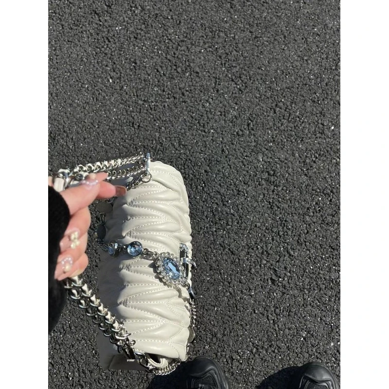 德国品质高级时尚软皮褶皱链条包包女仙女水钻优雅贵气单肩斜