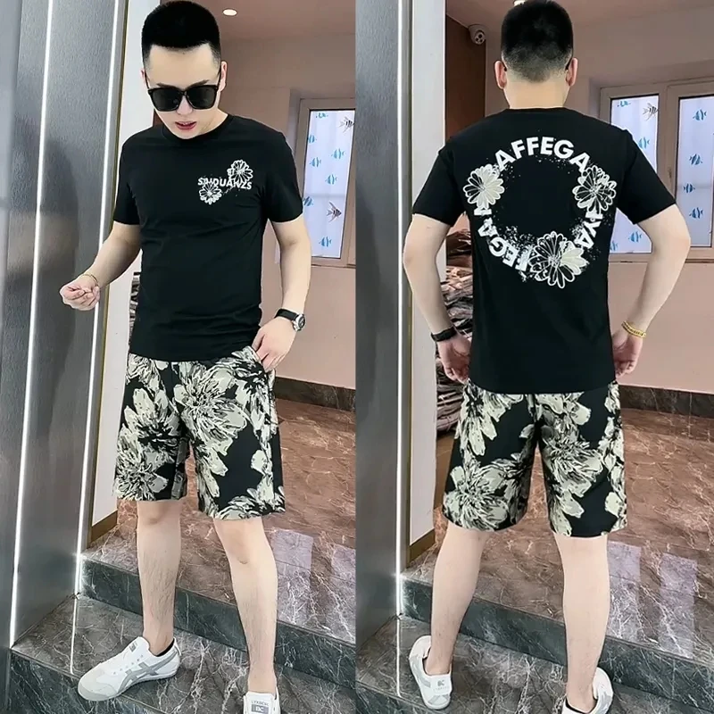 2025夏季新款圆领刺绣短袖套装男潮牌宽松提花情侣款短裤搭配一套