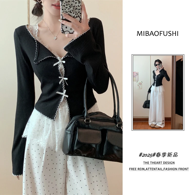 春季时尚穿搭套装女2025年新款韩系内搭蕾丝蝴蝶开衫阔腿裤三件套