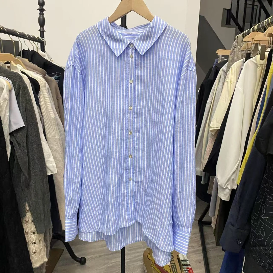 长袖条纹春季薄款慵懒风衬衫女装女士外套拼接休闲百搭