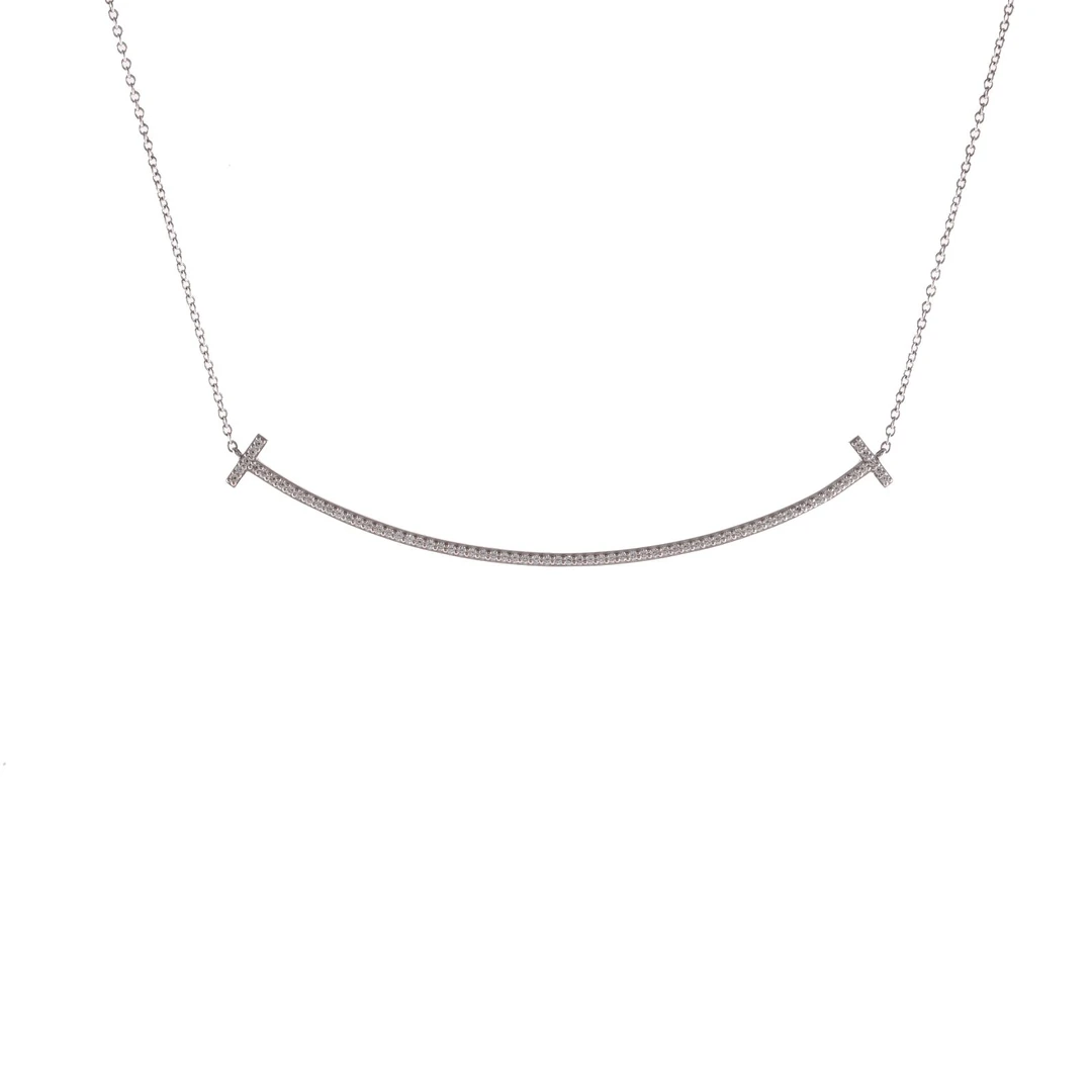 99新 Tiffany & Co./蒂芙尼 小花柳T 微笑项链 大号 满钻 白金
