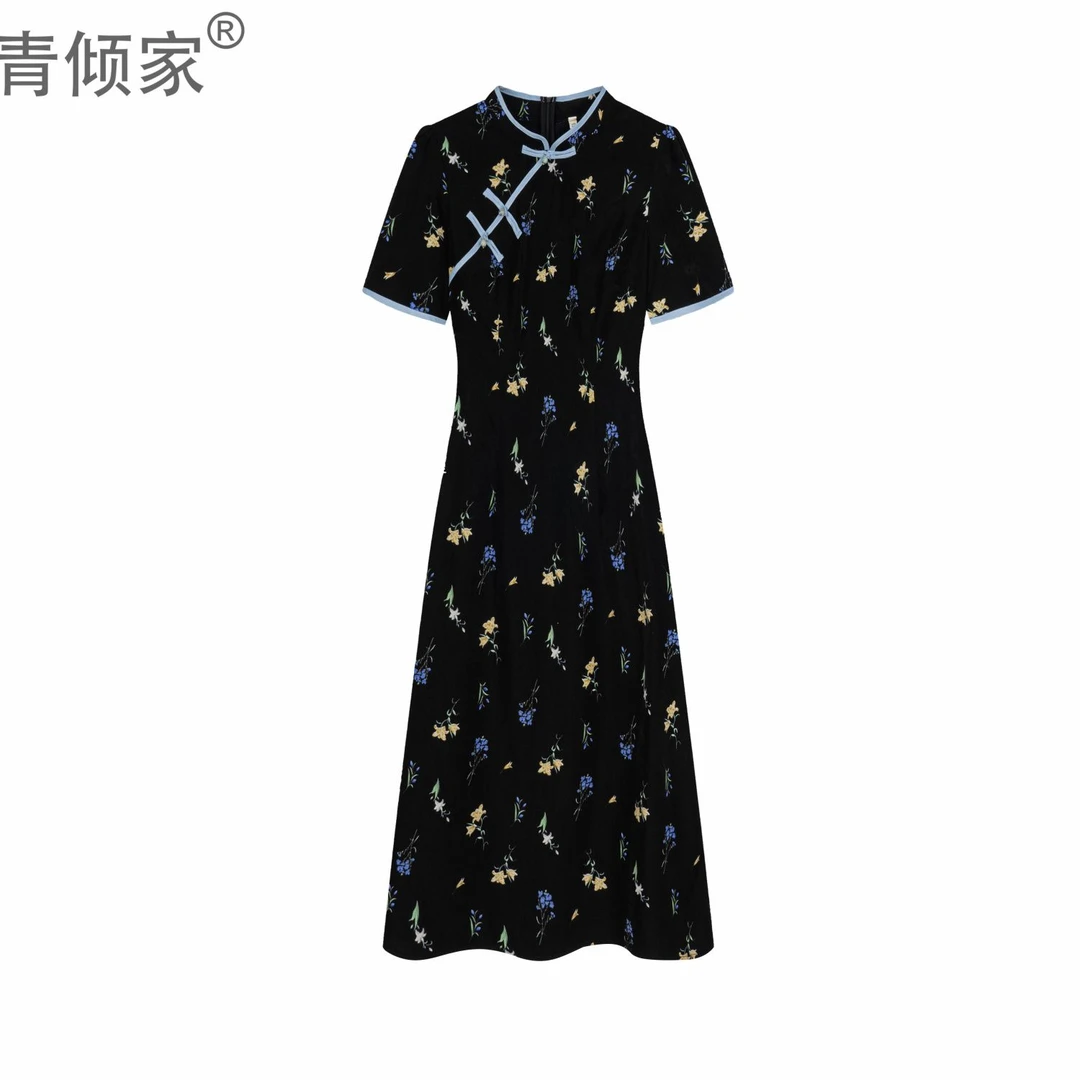 青倾家【秘密花园】夏季大码胖mm黑色气质绝美浪漫碎花旗袍连衣裙