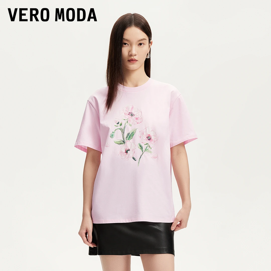 Vero ModaT恤女2025夏日穿搭圆领花形图案基础短袖上衣325201042