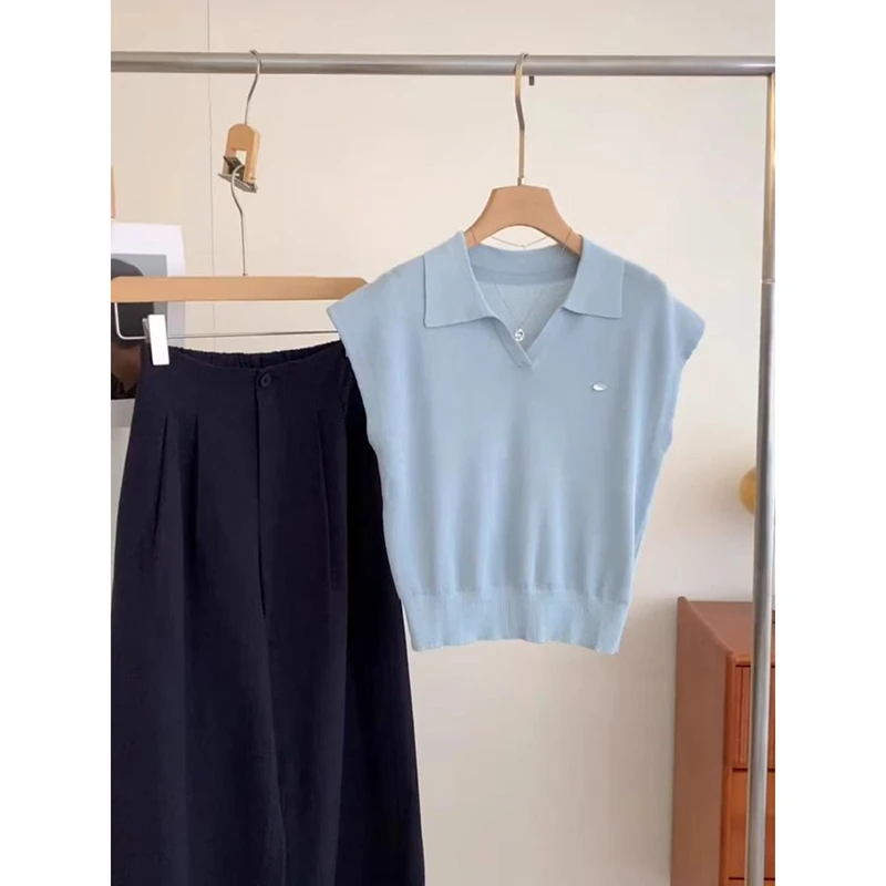 蓝色v领冰丝POLO衫短袖t恤小个子修身气质短款针织翻领上衣女夏季