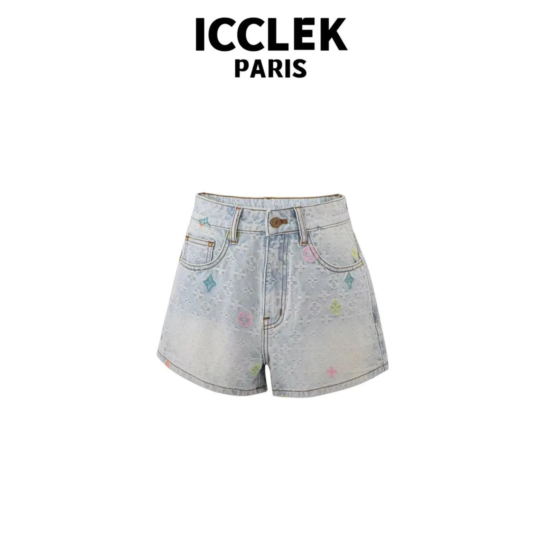 ICCLEK 高腰印花直筒百搭短牛仔裤气质百搭显瘦夏季通勤裤子-7066