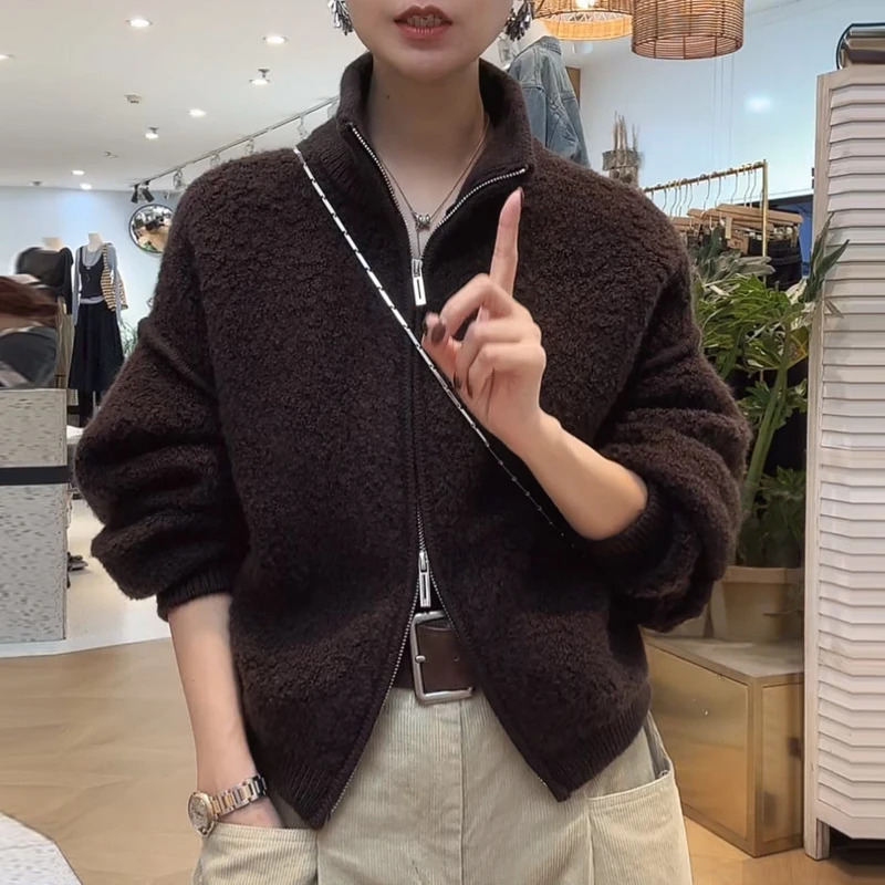 洋气衣服女装轻奢高级感短外套半高领双拉链设计感毛针织衫上衣潮