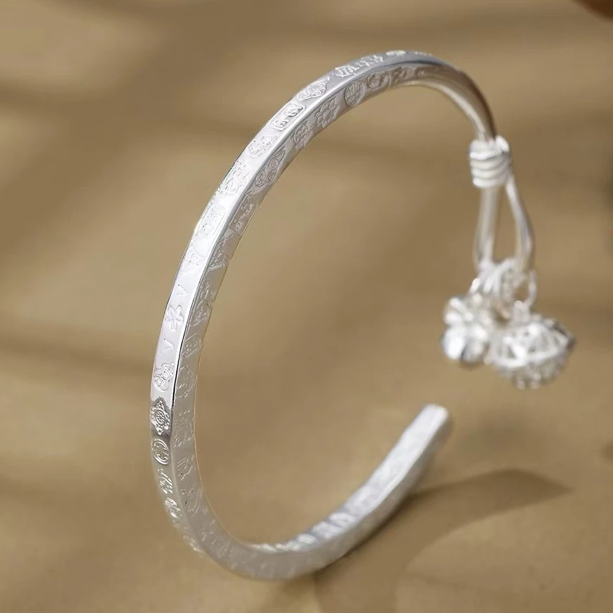 足银手镯 四方吉言开口镯精美时尚实心手镯气质女款精致磨砂百搭