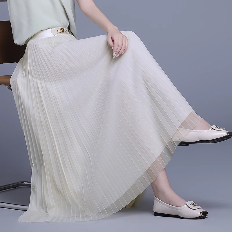 网纱半身裙斜纹长丝百褶裙春夏A字裙中长款高腰显瘦长裙1D春9228