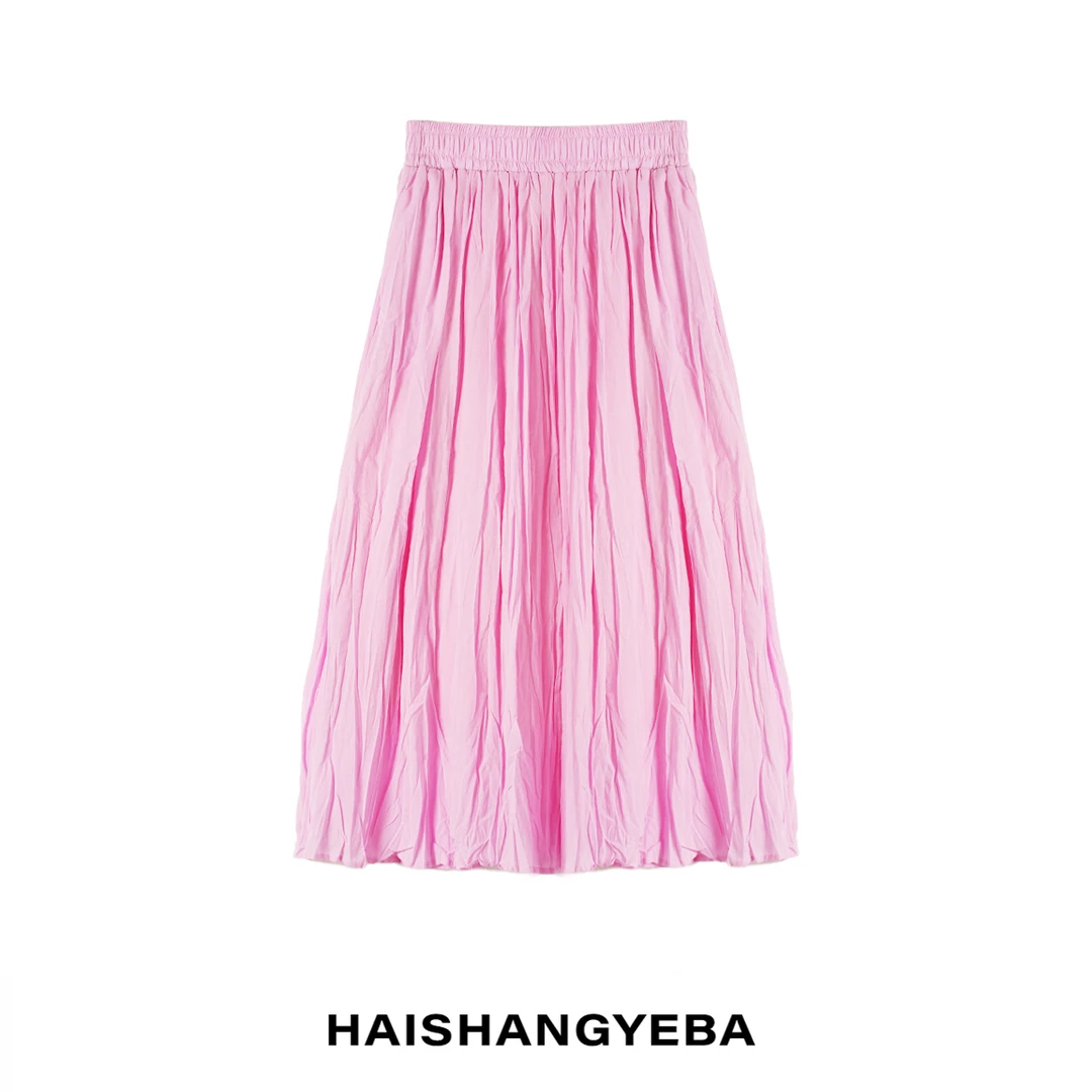 【海上叶爸】新款2025夏季百搭棉松紧腰薄款压皱纯色半身裙